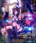  1girl :p bare_shoulders bird black_hair boots breasts cat cleavage copyright_name crow cup detached_sleeves earrings fingerless_gloves fingernails fire gloves green_hair hair_over_one_eye hairband hat highlights jewelry long_hair magic matsuda_(matsukichi) multicolored_hair pointy_ears shingeki_no_bahamut shorts sitting skirt solo table tea teacup tongue tongue_out two-tone_hair yellow_eyes 