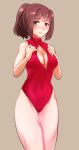  1girl alternate_costume breasts brown_eyes brown_hair front_zipper_swimsuit hair_ribbon hands_on_own_chest hekyu ise_(kantai_collection) kantai_collection light_smile looking_at_viewer ponytail red_swimsuit ribbon short_hair swimsuit 