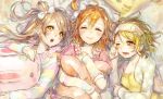  3girls :o bed blush bow brown_eyes brown_hair closed_eyes hair_bow headband koizumi_hanayo kousaka_honoka lma long_hair love_live!_school_idol_project minami_kotori multiple_girls one_eye_closed open_mouth orange_hair pillow ponytail puffy_sleeves rubbing_eyes short_sleeves smile yellow_eyes 