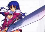  1girl absurdres blue_hair blush bow breasts brown_eyes character_name cleavage cleavage_cutout dress freezing highres huge_filesize kim_kwang_hyun large_breasts lips lipstick long_hair long_sleeves makeup no_bra official_art puffy_sleeves ribbon scan school_uniform shirt skirt sleeves_past_wrists solo sword ticy_phenyl turtleneck weapon 