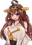  1girl ahoge blush breasts brown_hair double_bun hairband huge_breasts kantai_collection kongou_(kantai_collection) long_hair nontraditional_miko simple_background solo tongue tongue_out violet_eyes white_background yukinojou_yakan 