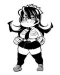  1girl blush breasts chibi clenched_hands filia_(skullgirls) fukumaaya full_body long_hair monochrome necktie plump samson_(skullgirls) school_uniform skirt skullgirls solo thick_thighs thigh-highs thighs 