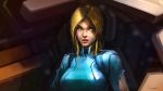  1girl blonde_hair blue_eyes bodysuit breasts cockpit darren_geers hair_down highres lips long_hair metroid nose realistic samus_aran skin_tight solo torn_bodysuit torn_clothes zero_suit 