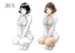  1girl bra breasts brown_eyes brown_hair carina_(xiaowoo) character_sheet cleavage no_pants open_clothes open_shirt original sandals short_hair squatting underwear v_arms 