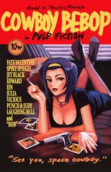  1girl blue_hair breasts cigarette cleavage cover cowboy_bebop ein_(cowboy_bebop) fake_cover faye_valentine gun handgun pulp_fiction smoke spike_spiegel weapon 