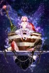  1girl between_legs bow breasts cake canzhajiang choker cleavage cleavage_cutout closed_eyes dress food fruit goddess_madoka hand_between_legs kaname_madoka long_hair magical_girl mahou_shoujo_madoka_magica open_mouth pink_hair plate sitting sky solo star_(sky) starry_sky strawberry twintails very_long_hair white_dress white_legwear wings 