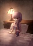  1girl alternate_hairstyle arinu bed bespectacled blanket book braid coat dress glasses lamp long_hair open_clothes open_coat patchouli_knowledge pillow purple_hair reading single_braid solo striped striped_dress touhou very_long_hair violet_eyes 