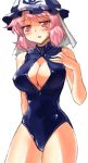  1girl blush breasts cleavage_cutout competition_swimsuit front_zipper_swimsuit hand_on_own_chest hat highres large_breasts mono_(moiky) one-piece_swimsuit open_mouth pink_eyes pink_hair saigyouji_yuyuko short_hair solo swimsuit touhou 