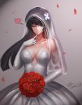  1girl bare_shoulders black_hair blue_eyes bouquet breasts bridal_veil bride d.sum dress elbow_gloves finger_to_mouth flower gloves hair_flower hair_ornament heart large_breasts long_hair one_eye_closed petals sanka_rea sankarea sideboob signature smile solo spoken_heart strapless_dress veil wedding_dress white_dress white_gloves 