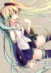  1girl aqua_eyes bare_shoulders black_legwear detached_sleeves hair_ornament hatsune_miku highres hijiri-ssh long_hair long_sleeves open_mouth shirt skirt smile solo thigh-highs twintails very_long_hair vocaloid wide_sleeves zettai_ryouiki 