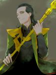  1boy black_hair green_eyes loki_(marvel) marvel moriyama_(b_forest) polearm solo spear weapon 
