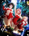  3girls ahoge arcueid_brunestud bare_legs bare_shoulders black_hair blonde_hair breasts christmas cleavage company_connection covering covering_crotch crossover dress dutch_angle fate/stay_night fate_(series) fe_(12141978) hair_bun hair_intakes jumping kara_no_kyoukai lace-up large_breasts legs_together miniskirt multiple_girls pink_hair red_dress red_eyes ryougi_shiki saber short_hair skirt strapless_dress tsukihime type-moon 