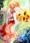  1girl :d breasts dress earrings flower highres holding holding_flower hoshizora_rin jewelry love_live!_school_idol_project moemoe3345 open_mouth orange_hair outdoors petals red_dress short_hair smile solo sunflower white_wings wings yellow_eyes 