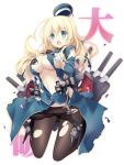  1girl atago_(kantai_collection) black_gloves blonde_hair blue_eyes blush breasts covering covering_breasts flame_sakana gloves hat highres kantai_collection large_breasts long_hair military military_uniform no_bra open_mouth pantyhose solo torn_clothes uniform 