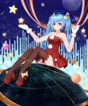  1girl bare_shoulders blue_eyes blue_hair gloves halo hanami_dango_(zzldango) hatsune_miku high_heels highres long_hair looking_at_viewer sitting smile solo star thigh-highs twintails vocaloid 