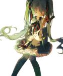  1girl closed_eyes detached_sleeves green_hair hatsune_miku hazime long_hair simple_background sitting skirt smile solo spring_onion thigh-highs twintails very_long_hair vocaloid white_background 