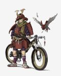  1boy armor bicycle bird highres original popman3580 samurai simple_background solo sword weapon 