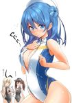  agarwood blue_eyes blue_hair blush breast_envy breasts competition_swimsuit double_bun front_zipper_swimsuit hat kantai_collection large_breasts looking_at_viewer one-piece_swimsuit ryuujou_(kantai_collection) sailor_hat shimakaze_(kantai_collection) swimsuit unzipped urakaze_(kantai_collection) 