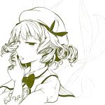  1girl bow dress drill_hair hair_bow hat hikuma luna_child monochrome open_mouth ribbon short_hair simple_background smile solo touhou white_background wings 