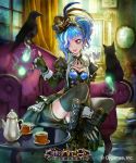  1girl :p bird blue_hair boots breasts cat cleavage copyright_name crow cup detached_sleeves earrings fingerless_gloves fingernails fire garter_straps gloves hair_over_one_eye hat jewelry magic matsuda_(matsukichi) pointy_ears red_eyes shingeki_no_bahamut short_hair shorts sitting skirt table tea teacup thigh-highs tongue tongue_out 