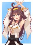  1girl armpits arms_up bare_shoulders blush breasts brown_hair brown_skirt crossed_arms detached_sleeves double_bun double_v hairband headgear ixen-fei kantai_collection kongou_(kantai_collection) long_hair nontraditional_miko open_mouth pleated_skirt ribbon-trimmed_sleeves ribbon_trim skirt solo upper_body v violet_eyes 