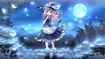  1girl apron black_dress blonde_hair bow dress feathers finger_to_mouth forest full_body hat hat_bow highres kirisame_marisa mountain nature night puffy_short_sleeves puffy_sleeves risutaru shirt short_sleeves shushing sky solo star_(sky) starry_sky touhou waist_apron witch_hat yellow_eyes 