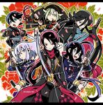  6+boys ahoge black_hair blue_eyes cape character_name cherry_blossoms double-breasted green_eyes hidakarumen honebami_toushirou horikawa_kunihiro hotarumaru izumi-no-kami_kanesada kashuu_kiyomitsu katana kote letterboxed long_hair looking_at_viewer male_focus military military_uniform mole mole_under_mouth multiple_boys namazuo_toushirou open_mouth ponytail purple_hair red_eyes red_scarf scarf sheath short_hair sword touken_ranbu uniform very_long_hair violet_eyes weapon 