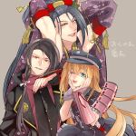  3boys ;p arms_behind_head black_hair blonde_hair blue_eyes detached_sleeves dress grin japanese_clothes jirou_tachi kashuu_kiyomitsu long_hair midare_toushirou multiple_boys nail_polish red_eyes sakuma_yona smile sode tongue tongue_out touken_ranbu trap wink yellow_eyes 