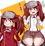  1girl :3 :d blush brown_hair brown_skirt collared_shirt kantai_collection long_hair long_sleeves magatama onmyouji open_mouth pleated_skirt red_eyes ryuujou_(kantai_collection) skirt smile suspenders thick_thighs thighs translation_request twintails visor_cap yukinojou_yakan 