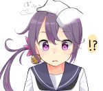  !? 1girl admiral_(kantai_collection) akebono_(kantai_collection) bell flower gloves hair_bell hair_flower hair_ornament jingle_bell kantai_collection max_melon_teitoku neckerchief open_mouth petting sailor_collar school_uniform serafuku side_ponytail simple_background surprised tears upper_body violet_eyes wavy_mouth white_background white_gloves 