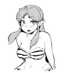  1girl arms_behind_back bangs bikini blush breasts cleavage fang fukumaaya large_breasts long_hair lum monochrome oni oni_horns parted_bangs pointy_ears smile solo swimsuit tiger_print upper_body urusei_yatsura 