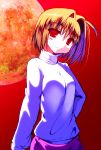  1girl arcueid_brunestud blonde_hair breasts hand_on_hip impossible_clothes impossible_sweater long_skirt moon red_eyes red_moon red_sky samazuka_mashiro short_hair skirt sky smile solo sweater tsukihime turtleneck upper_body 