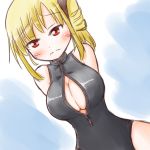  1girl arms_behind_back blonde_hair blush breasts character_request cleavage_cutout competition_swimsuit dutch_angle embarrassed front_zipper_swimsuit highres large_breasts one-piece_swimsuit red_eyes side_ponytail solo swimsuit ukagaka wavy_mouth 