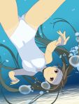  1girl brown_eyes brown_hair bubble highres ino kousaka_rino long_hair ocean one-piece_swimsuit otome_function smile solo swimming swimsuit twintails underwater upside-down white_swimsuit 