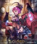  1girl :p bare_shoulders bird boots breasts cat cleavage copyright_name crow cup detached_sleeves earrings fingerless_gloves fingernails fire garter_straps gloves hair_over_one_eye hat jewelry magic matsuda_(matsukichi) pointy_ears purple_hair shingeki_no_bahamut short_hair shorts sitting skirt table tea teacup thigh-highs tongue tongue_out yellow_eyes 