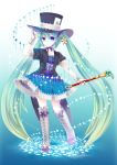  1girl aqua_eyes boots cross-laced_footwear dress gloves green_hair hat hatsune_miku highres knee_boots lace long_hair smile socha solo star top_hat twintails very_long_hair vocaloid wand 