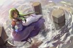 1girl blouse breasts detached_sleeves frog_hair_ornament gohei green_eyes green_hair hair_ornament hair_tubes kochiya_sanae long_hair long_skirt onbashira oonusa rope sandals shimenawa sishenfan skirt snake_hair_ornament solo touhou wind