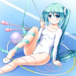  ball ballet_slippers blush green_eyes green_hair gymnastics gymnastics_ribbon hatsune_miku hoop juggling_club leotard long_hair rhythmic_gymnastics sitting smile twintails very_long_hair vocaloid 