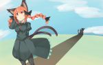  1girl absurdres animal_ears black_legwear blouse bow braid cat cat_ears cat_tail clouds cloudy_sky cowboy_shot different_shadow hair_bow hand_in_hair highres kaenbyou_rin long_hair multiple_tails red_eyes redhead sketch skirt skirt_set sky smile solo standing tail tokoname touhou twin_braids two_tails 