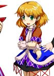  1girl arm_warmers blonde_hair crossed_arms dai-erie green_eyes horn mizuhashi_parsee open_mouth pointy_ears scarf short_hair simple_background smile solo touhou white_background 