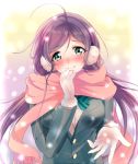  blush earmuffs green_eyes jacket long_hair love_live!_school_idol_project low_twin purple_hair scarf smile tails twin_tails violet_hair 