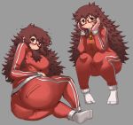  1girl :&lt; ass blush breasts brown_eyes collage freckles glasses grey_background huge_ass large_breasts long_hair lying matsuda_yuusuke messy_hair on_side plump red-framed_glasses semi-rimless_glasses socks solo squatting track_suit under-rim_glasses yonezawa_natsumi yuusha_to_maou 