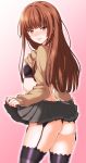  1girl amagami ass bra brown_eyes brown_hair garter_straps kamizaki_risa long_hair school_uniform shouji_2 skirt skirt_lift solo standing sweater sweater_lift thigh-highs thong underwear 