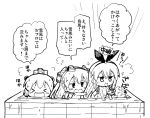  &gt;_&lt; 3girls :3 amatsukaze_(kantai_collection) bath bathtub closed_eyes hair_between_eyes hairband herada_mitsuru kantai_collection long_hair monochrome multiple_girls open_mouth shimakaze_(kantai_collection) short_hair translation_request two_side_up yukikaze_(kantai_collection) 