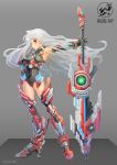  1girl armor armpits artist_name bare_shoulders boots elbow_gloves full_body gd._fengzi gloves grey_background halterneck hand_on_hip high_heel_boots high_heels highres leg_armor leotard long_hair mecha_musume original red_eyes skin_tight solo standing thigh-highs weapon white_hair 