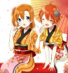  2girls ^_^ blue_eyes chisumi closed_eyes dango fang feeding flower food food_on_face hair_flower hair_ornament hoshizora_rin japanese_clothes kimono kousaka_honoka love_live!_school_idol_project multiple_girls open_mouth orange_hair oriental_umbrella petals short_hair side_ponytail umbrella wagashi 