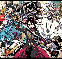  6+boys bandages black_gloves black_hair blue_eyes blue_hair character_name cherry_blossoms cloak doutanuki_masakuni fingerless_gloves gloves hidakarumen japanese_clothes kashuu_kiyomitsu katana kote letterboxed long_hair male_focus mikazuki_munechika mole mole_under_mouth multiple_boys nail_polish open_mouth ponytail red_eyes red_nails red_scarf redhead sayo_samonji scarf sheath short_hair sword tantou touken_ranbu tsurumaru_kuninaga weapon yamanbagiri_kunihiro 