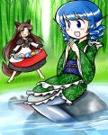  2girls :d ^_^ animal_ears bamboo bamboo_forest barefoot blue_eyes blue_hair brown_hair carrying closed_eyes dress fang forest frilled_kimono frilled_sleeves frills gem head_fins imaizumi_kagerou japanese_clothes kimono long_hair mermaid monster_girl multiple_girls nature nitamago obi open_mouth rock sash short_hair sitting sitting_on_rock smile tail touhou wakasagihime water wavy_hair wolf_ears wolf_tail 