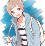  1boy backpack bag blue_eyes blush grey_hair hoodie mole mole_under_eye open_mouth saeki_kira shounen_hollywood smile solo tsuchiya_(1315444) 