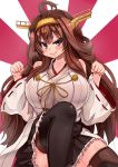  1girl ahoge black_legwear black_skirt blush boots breasts brown_hair double_bun hairband huge_breasts kantai_collection kongou_(kantai_collection) long_hair miniskirt nontraditional_miko rising_sun simple_background skirt smile solo sunburst thigh-highs thigh_boots tongue uneven_eyes violet_eyes white_background yukinojou_yakan zettai_ryouiki 